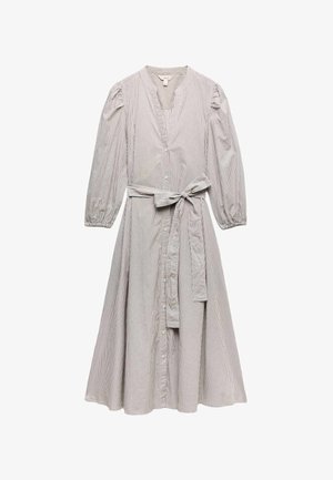 Midi šaty s dlouhým rukávem, tenkými vertikálními proužky, zapínáním na knoflíky vpředu, výstřihem do V, nařasenými rameny a zavazovacím páskem v pase.