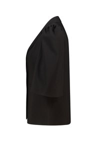 Blazer noir avec des manches bouffantes douces et une silhouette ajustée, présentant un col cranté et des poches sur les côtés. Le tissu texturé ajoute de la profondeur.