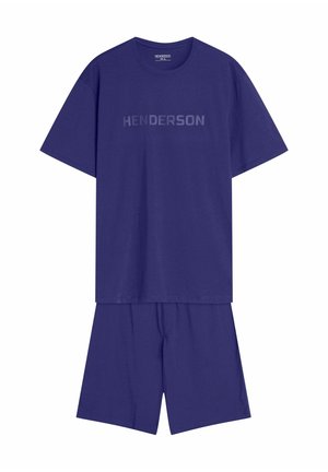 Purple cotton short-sleeve t-shirt with "HENDERSON" logo in a lighter shade, paired with matching loose-fit shorts. Simple, casual design.