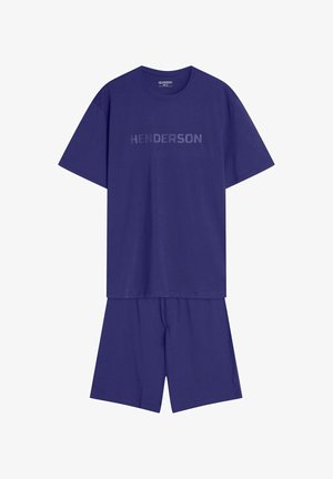 Purple cotton short-sleeve t-shirt with "HENDERSON" logo in a lighter shade, paired with matching loose-fit shorts. Simple, casual design.