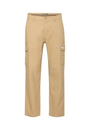 Pantaloni cargo beige realizzati in un tessuto resistente, con due tasche laterali, un design a gamba dritta e chiusura con bottone.