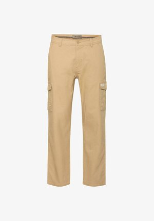 Pantaloni cargo beige realizzati in un tessuto resistente, con due tasche laterali, un design a gamba dritta e chiusura con bottone.