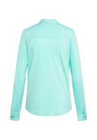 Hellblaues, langärmliges Hemd mit Kragen, von hinten gezeigt, mit knöpfbaren Manschetten und geradem Saum.