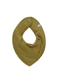 Zielono-oliwkowy dziecięcy chustka na szyję z dwoma metalowymi zapięciami i małą markową metką z boku.