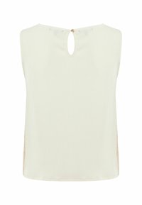 Haut sans manches couleur crème avec une finition texturée. Présente une ouverture en forme de goutte à l'arrière et des panneaux latéraux contrastants. Design simple et épuré.