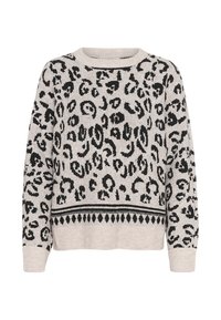 Pull à imprimé léopard en tricot beige doux avec des accents noirs. Encolure ronde et ourlet côtelé avec une bordure à motif en bas.