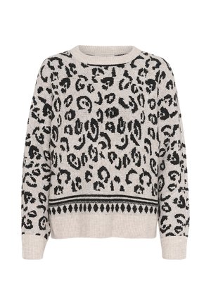 Pull à imprimé léopard en tricot beige doux avec des accents noirs. Encolure ronde et ourlet côtelé avec une bordure à motif en bas.