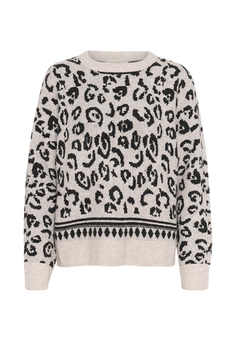 Pull à imprimé léopard en tricot beige doux avec des accents noirs. Encolure ronde et ourlet côtelé avec une bordure à motif en bas.