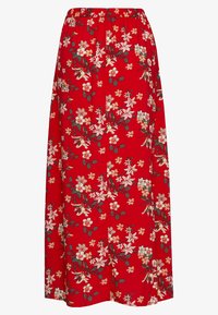 Falda maxi roja con flores y cinturilla elástica. Presenta flores blancas y beige sobre un fondo vibrante, con detalles de hojas verdes.