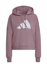 Sudadera con capucha morada y diseño corto, que presenta un gran logo blanco de Adidas en el frente y puños acanalados.