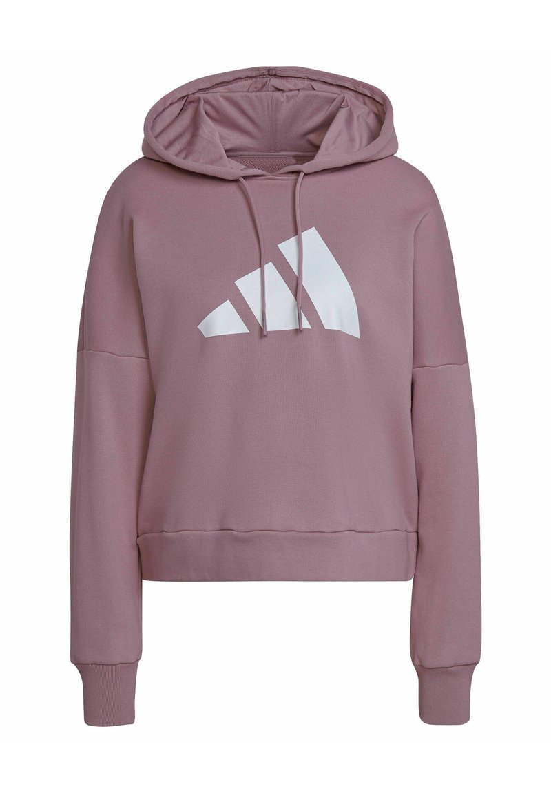 Sudadera con capucha morada y diseño corto, que presenta un gran logo blanco de Adidas en el frente y puños acanalados.
