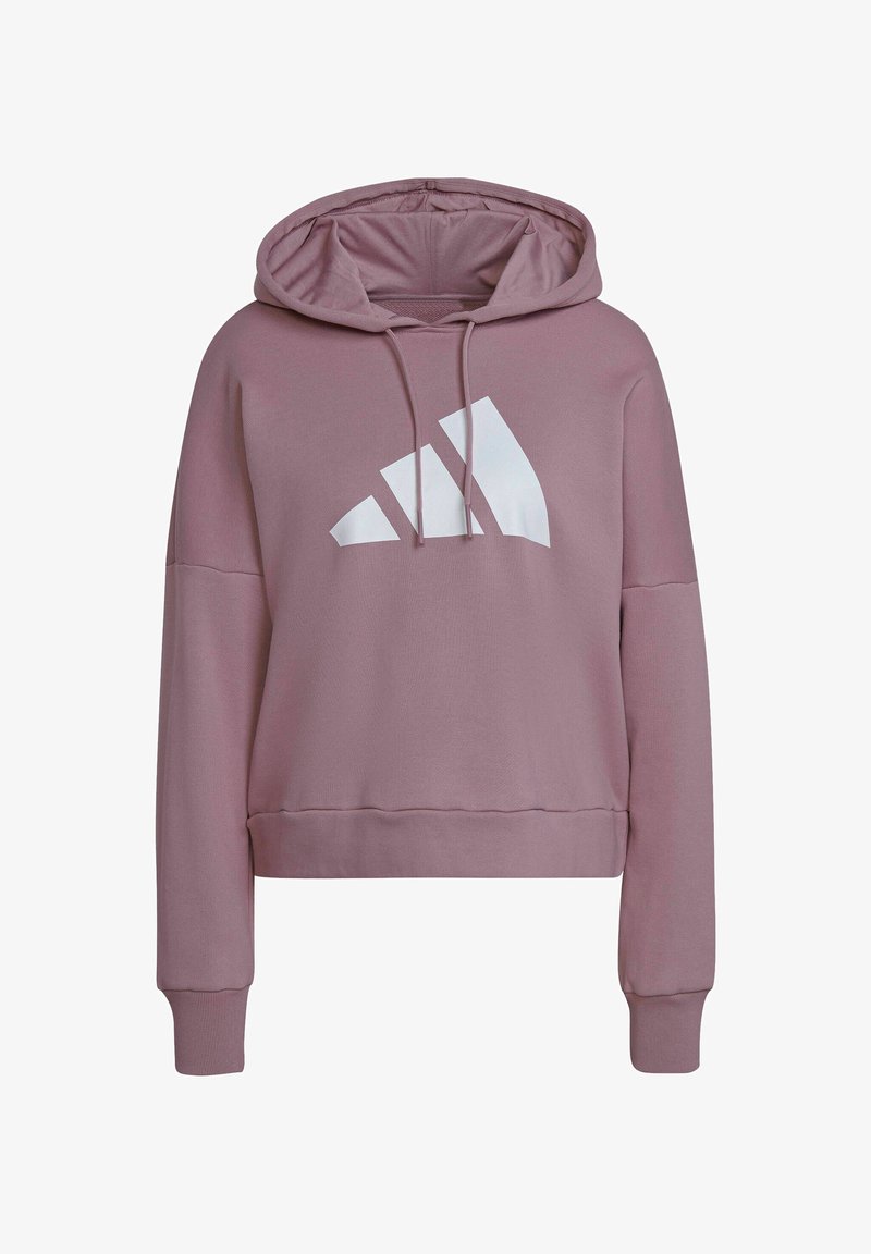 Sudadera con capucha morada y diseño corto, que presenta un gran logo blanco de Adidas en el frente y puños acanalados.