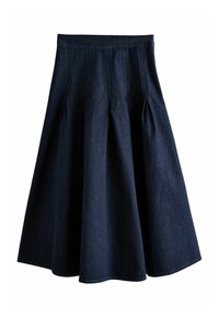 Fustă din denim închis, cu un design evazat, având pliseuri pe față, talie ajustată și tiv până la genunchi. Textură netedă.