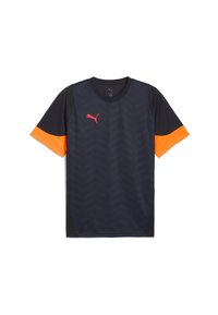 Czarna, krótko rękawowa koszulka sportowa z pomarańczowymi akcentami. Posiada wzór w zygzak, różowe logo Puma na piersi oraz okrągły kołnierz.