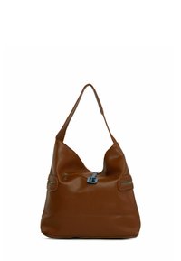 Braune Leder-Hobo-Tasche mit strukturiertem Finish, lässiger Silhouette, zwei Reißverschluss-Taschen und einem einzelnen Schultergurt.