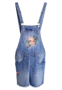 Salopette en denim avec bretelles, ornée de broderies florales en rose et vert, cinq poches et un ourlet effiloché. Couleur bleu clair et coupe décontractée.