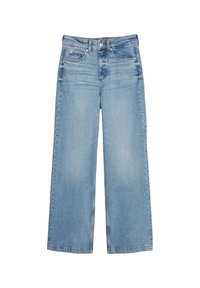 Ljust blå vida jeans i denim, med en klassisk femfickdesign, synlig sömnad och en knappstängning i midjan.