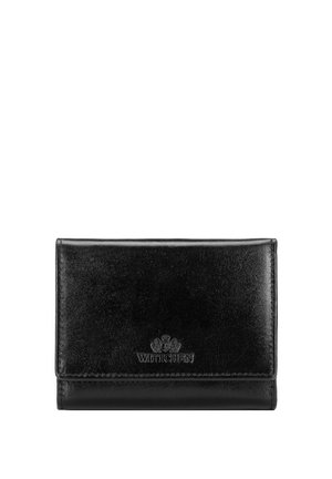 Cartera plegable de piel negra con el logo de Wittchen en relieve en la parte frontal, cerrada y centrada sobre fondo blanco.