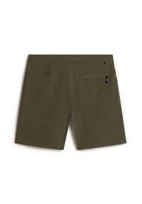 Shorts de sport vert olive en tissu léger, dotés de deux poches avant et d'une poche arrière avec une fermeture éclair à motif.