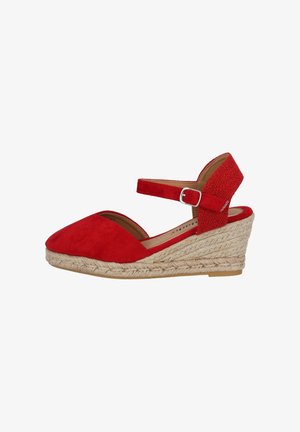 Rote Wildleder-Espadrille-Wedge mit verstellbarem Knöchelriemen, Jute-umwickelter Sohle und runder Zehenform. Strukturierter Absatzakzent.