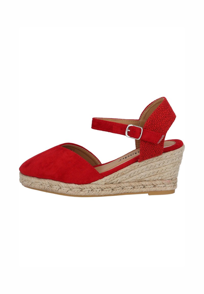 Rode suède espadrille wedge schoen met verstelbare enkelband, jute-gewonden platform en afgeronde tekening. Gevoerde hielaccent.
