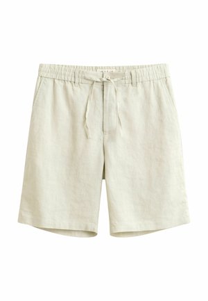 Shorts en lin beige clair avec taille élastique, lien coulissant et poches latérales, présentés sur un fond blanc.