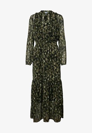 Robe à manches longues imprimée fleurs vert foncé et noir avec détails à volants, taille cintrée et jupe à étages, en tissu transparent.