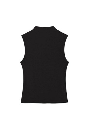 Czarny, bezrękawnik z golfem o dopasowanym kroju, pokazany płasko od tyłu na białym tle.