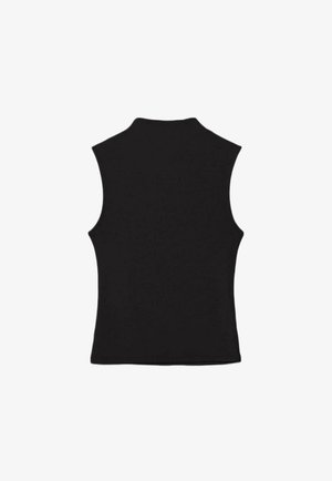 Black sleeveless turtleneck top with a fitted silhouette, displayed flat from the back on a white background.