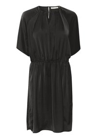 Svart klänning av slätt tyg, med V-ringning, korta ärmar, insvängd midja med dragsko och sidofickor.