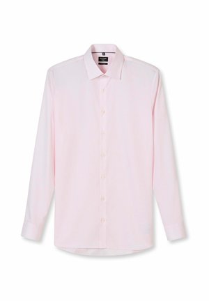 Men's light pink long-sleeve dress shirt with a classic collar and button-down front, displayed flat against a white background.