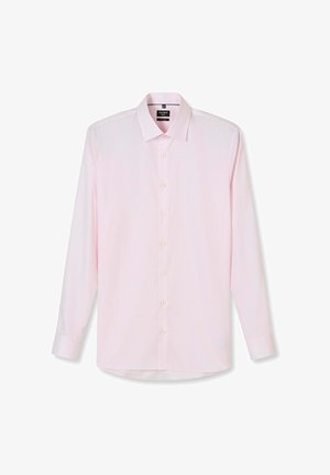 Men's light pink long-sleeve dress shirt with a classic collar and button-down front, displayed flat against a white background.