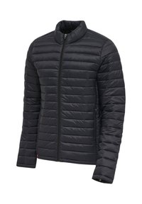 Veste légère matelassée noire avec fermeture éclair intégrale à l'avant, col montant, manches longues et poches latérales zippées.