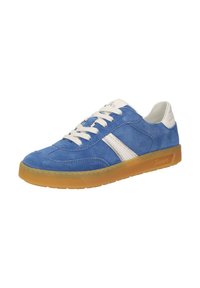 Blaue Wildledersneaker mit weißen Lederakzenten und Schnürsenkeln, ausgestattet mit einer Gummisohle. Klassischer sportlicher Stil mit Nähdetails.