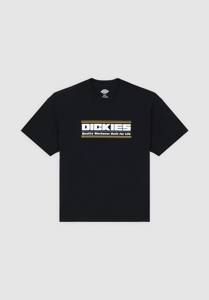 Black cotton t-shirt with a crew neck. Front features bold white and yellow text: “DICKIES, Quality Workwear Built for Life.” Short sleeves.