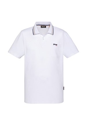 Polo blanc à manches courtes avec col rayé noir et or, poche avant avec logo "Schott" et patte de boutonnage.