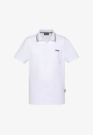 Weißes kurzärmeliges Poloshirt mit schwarz-gold gestreiftem Kragen, Fronttasche mit "Schott"-Logo und geknöpfter Knopfleiste.