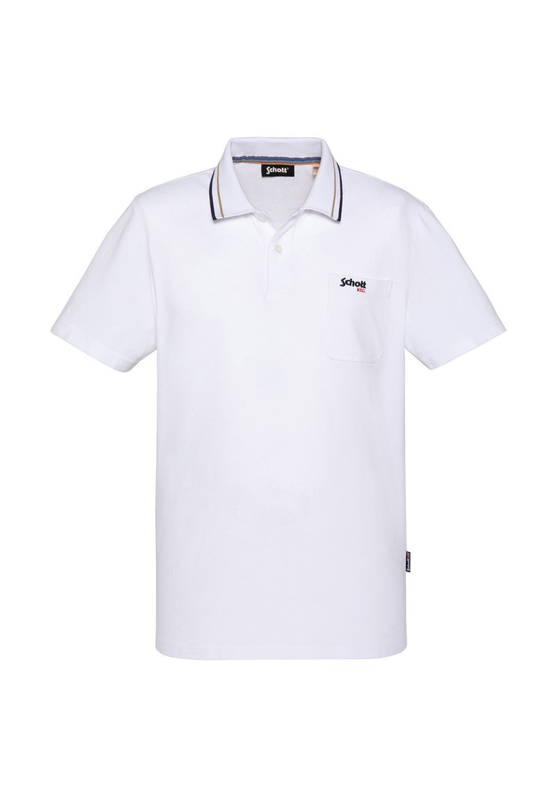 Polo blanc à manches courtes avec col rayé noir et or, poche avant avec logo "Schott" et patte de boutonnage.