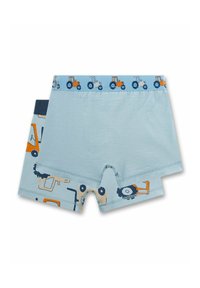 Two pairs of light blue children's boxer briefs, one with a tractor pattern on the waistband, the other with an all-over tractor print.