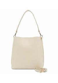 Borsa a mano in pelle crema con una sola maniglia superiore e tracolla staccabile. Texture liscia e design minimalista senza hardware visibile.