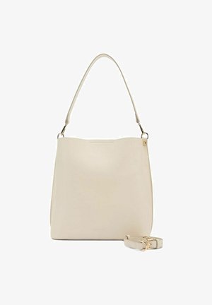 Borsa a mano in pelle crema con una sola maniglia superiore e tracolla staccabile. Texture liscia e design minimalista senza hardware visibile.