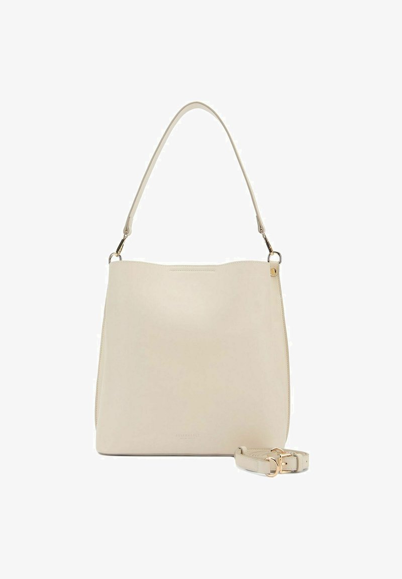 Borsa a mano in pelle crema con una sola maniglia superiore e tracolla staccabile. Texture liscia e design minimalista senza hardware visibile.