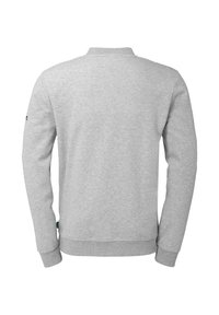 Grå sweatshirt med rund hals, ribbede manchetter og nederkant, lavet af blødt stof. Ingen synlige logoer eller mønstre på bagsiden.
