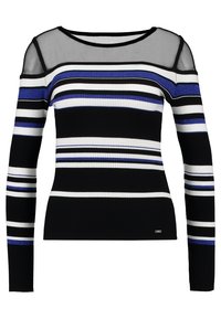 Schwarzer gestreifter Pullover mit langen Ärmeln, der abwechselnd Streifen in Blau, Weiß und metallischen Akzenten aufweist. Der obere Teil aus Mesh verleiht zusätzliche Textur.