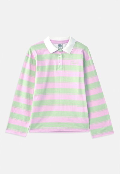 Long-sleeve polo shirt with a white collar, featuring horizontal light green and pink stripes, made from soft cotton fabric.