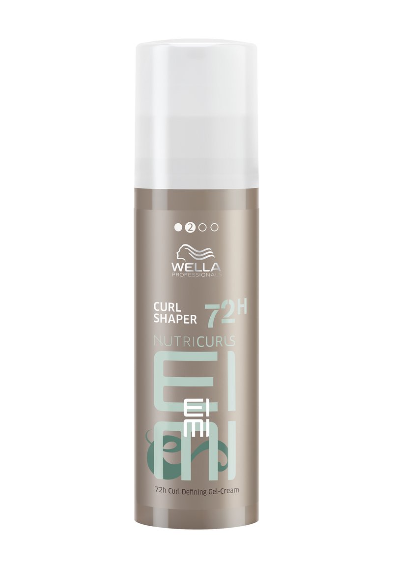 Krølledefinerende gel-creme i en cylindrisk, mat beige flaske med en hvid pumpe. Etiket med turkisse accenter og brandlogo.