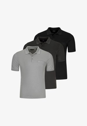 Drei kurzärmelige Herren-Poloshirts in hellgrau, dunkelgrau und schwarz, jeweils mit Kragen, Knöpfen und Brusttasche.