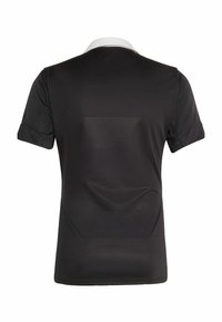Schwarzes Polohemd mit kurzen Ärmeln und weißem Kragen. Verfügt über eine atmungsaktive Mesh-Struktur und eine enganliegende Passform mit aufgerollten Ärmeln.