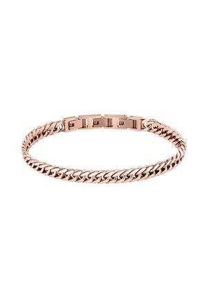 Bracciale in oro rosa con anelli intrecciati, caratterizzato da una superficie liscia e lucida e un design della chiusura sicuro. Elegante motivo a catena in tutto il bracciale.
