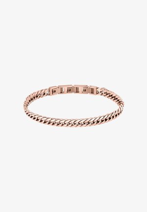 Bracciale in oro rosa con anelli intrecciati, caratterizzato da una superficie liscia e lucida e un design della chiusura sicuro. Elegante motivo a catena in tutto il bracciale.